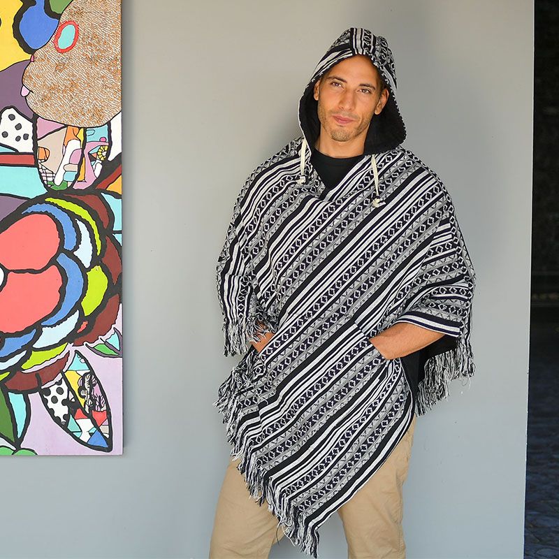 Virblatt Men's Cotton Baja Hoodie Poncho - Reversible, Hooded, Mottled Black, XXL